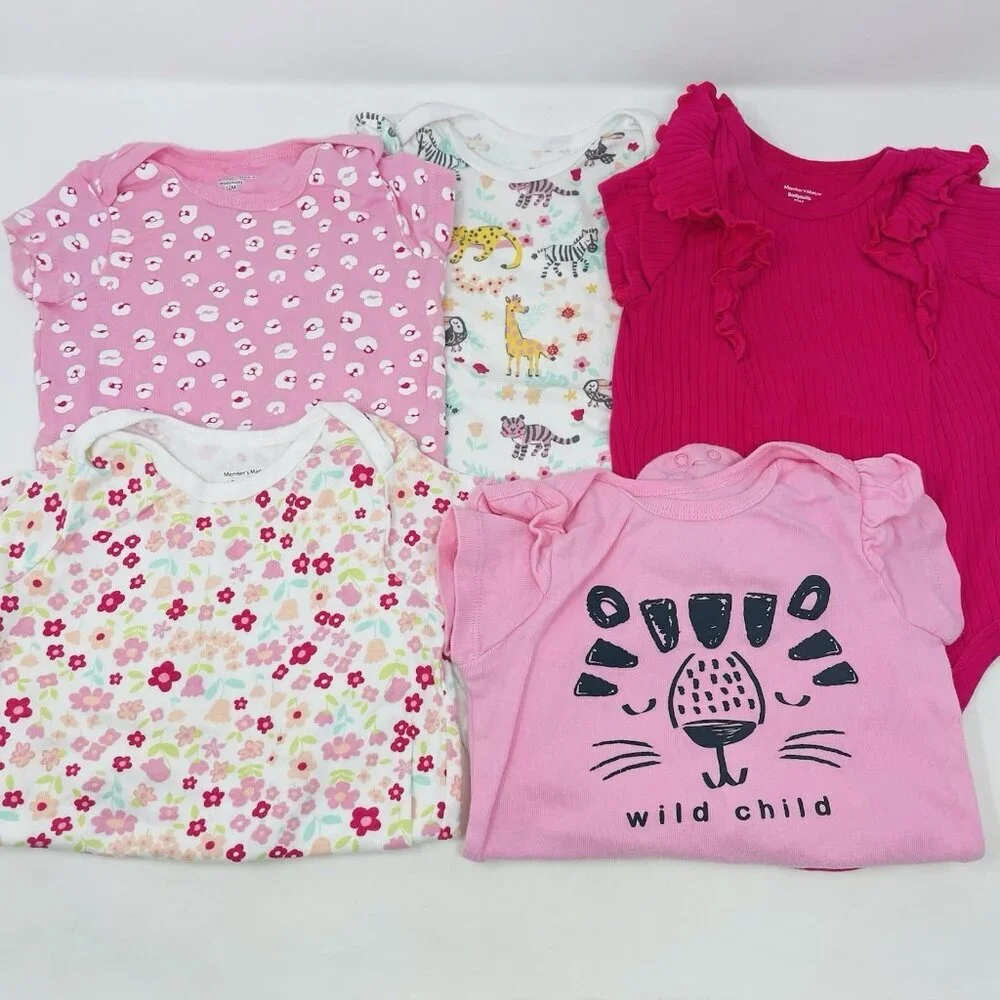 Members Mark Baby Girls 12 Months 5 Pack Animal Print/Floral Bodysuits Pink 2275